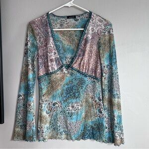 Y2K Eyeshadow Blouse Bell Sleeves Whimsy Blue Brown Sheer L